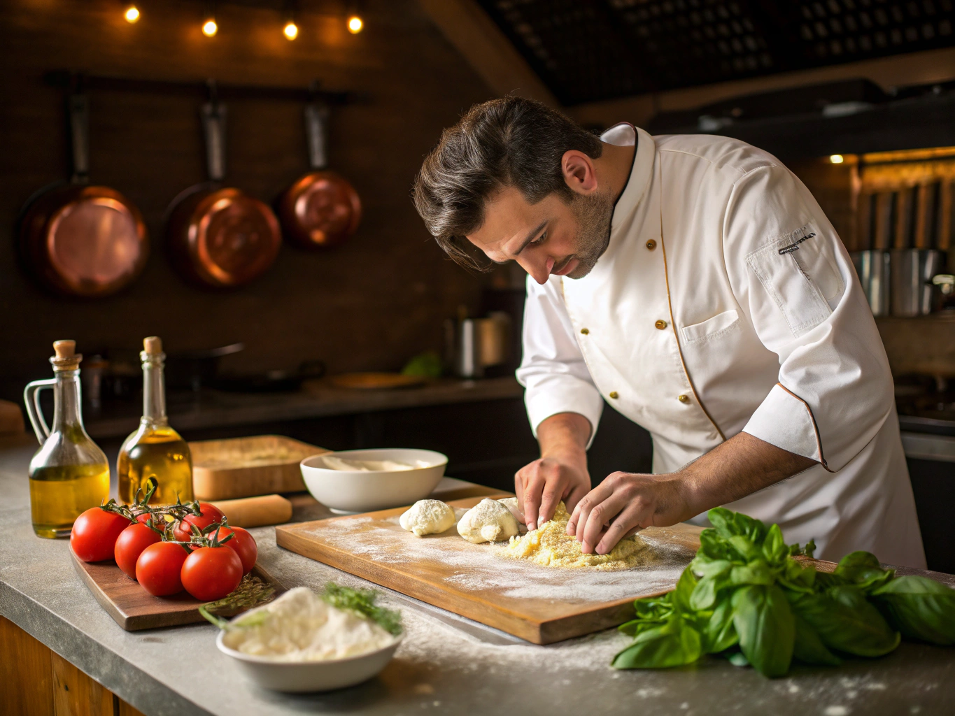 Chef hand-extruding fresh pasta in our open kitchen