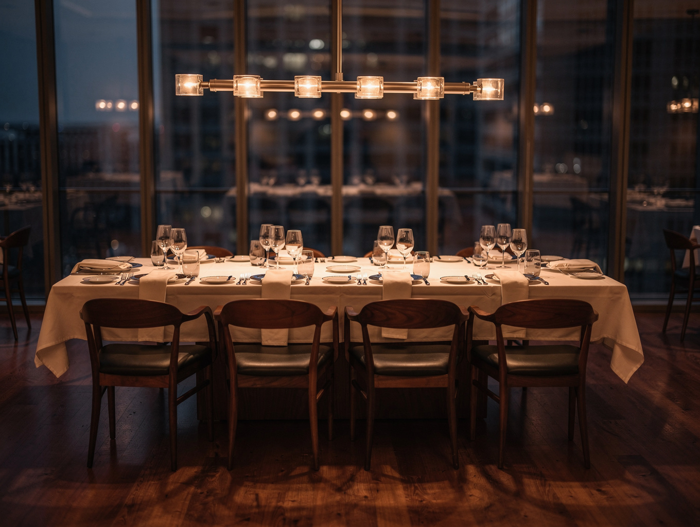 Cozy dining room atmosphere with warm lighting and elegant table settings